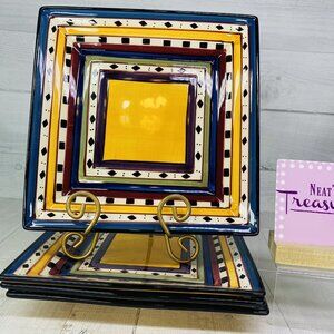 Tabletops ARGENTINA  Color Bands Diamonds HandPainted Ceramic Dinner Plate Set 4